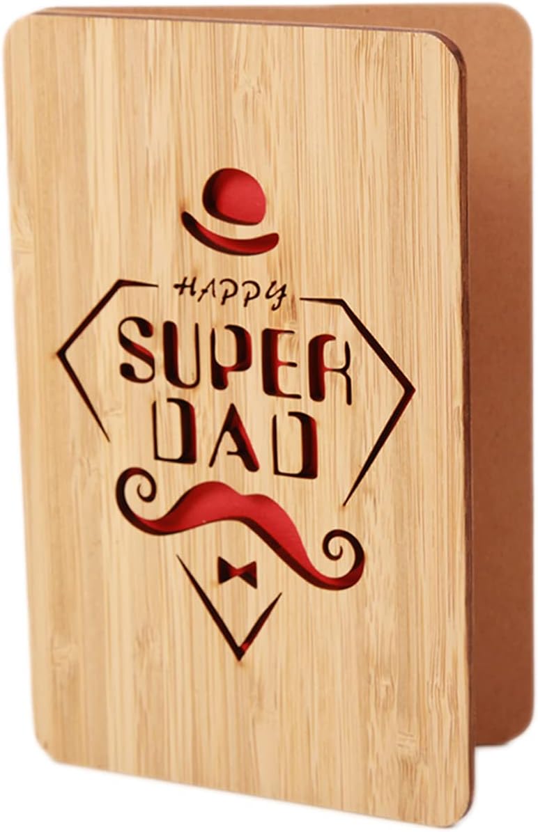 "Happy Super Dad" Bamboo Greeting Cards,Handmade Wooden Greeting Card for Dad from Daughter Son,Gift for Father's Day,Dad Birthday