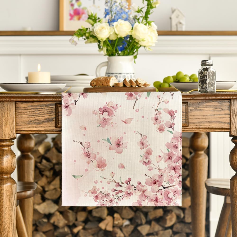 Artoid Mode Sakura Leaves Spring Table Runner, Seasonal Summer Kitchen Dining Table Decoration for Home Party Decor 40x180 cm