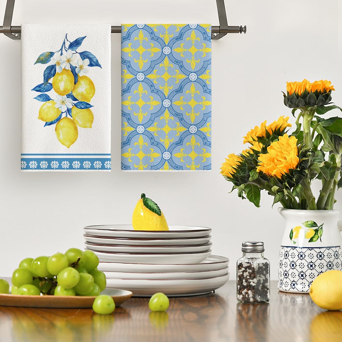 Set of 4 - Artoid Mode Lemon Flowers Floral Summer Kitchen Towels Dish Towels, 42x65 cm Seasonal Spring Decoration Hand Towels