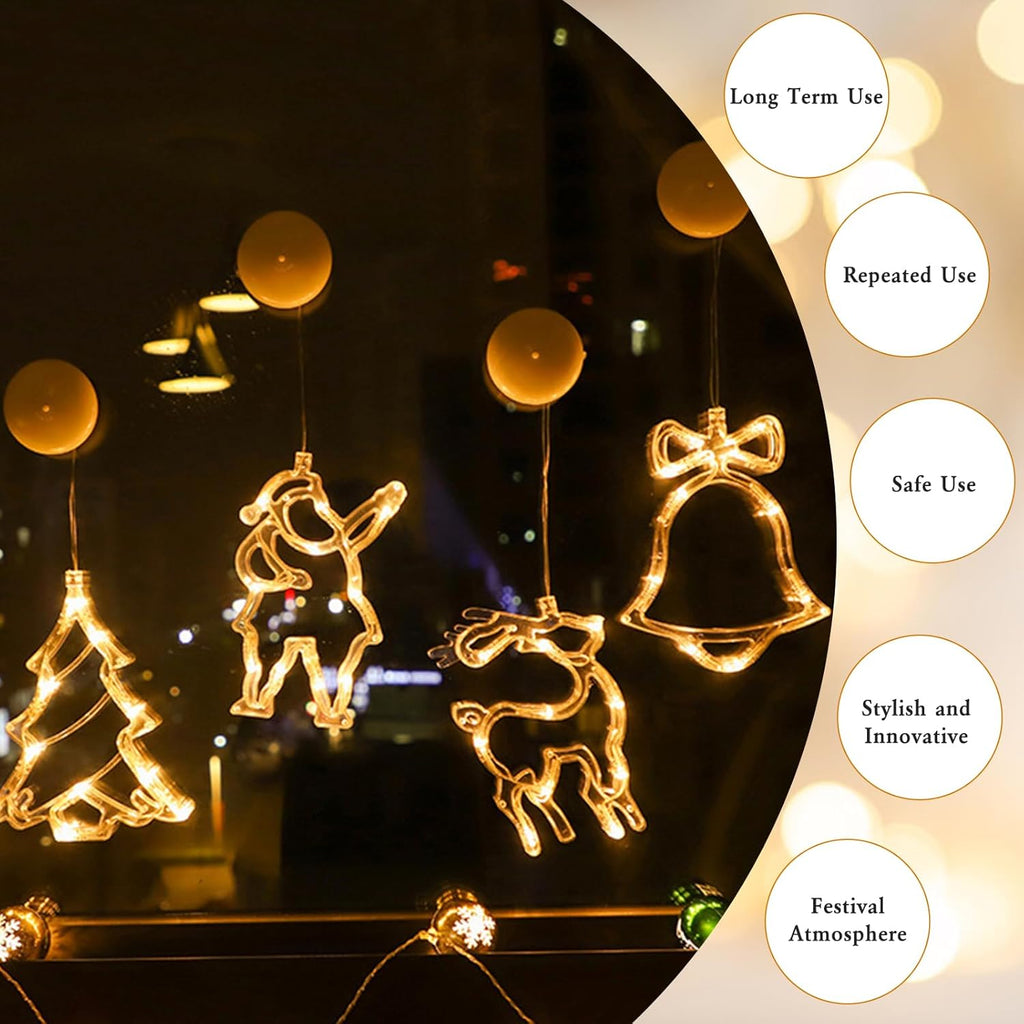 4Pcs Christmas Window Lights Battery Powered,Christmas Window Decorations Tree & Jingle Bell &Elk& Snow Man Shaped with Suction Cup,Christmas Curtain String Lights for Indoor Decor