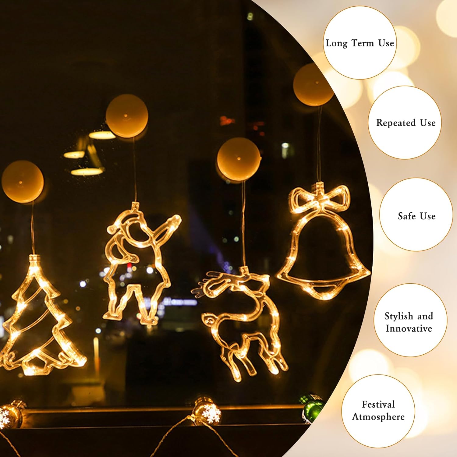 4Pcs Christmas Window Lights Battery Powered,Christmas Window Decorations Tree & Jingle Bell &Elk& Snow Man Shaped with Suction Cup,Christmas Curtain String Lights for Indoor Decor