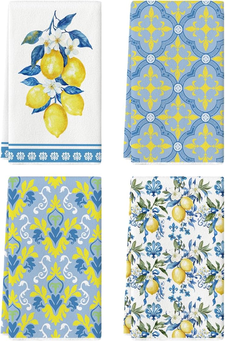Set of 4 - Artoid Mode Lemon Flowers Floral Summer Kitchen Towels Dish Towels, 42x65 cm Seasonal Spring Decoration Hand Towels