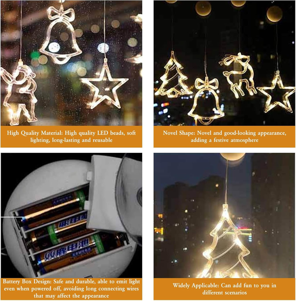 4Pcs Christmas Window Lights Battery Powered,Christmas Window Decorations Tree & Jingle Bell &Elk& Snow Man Shaped with Suction Cup,Christmas Curtain String Lights for Indoor Decor