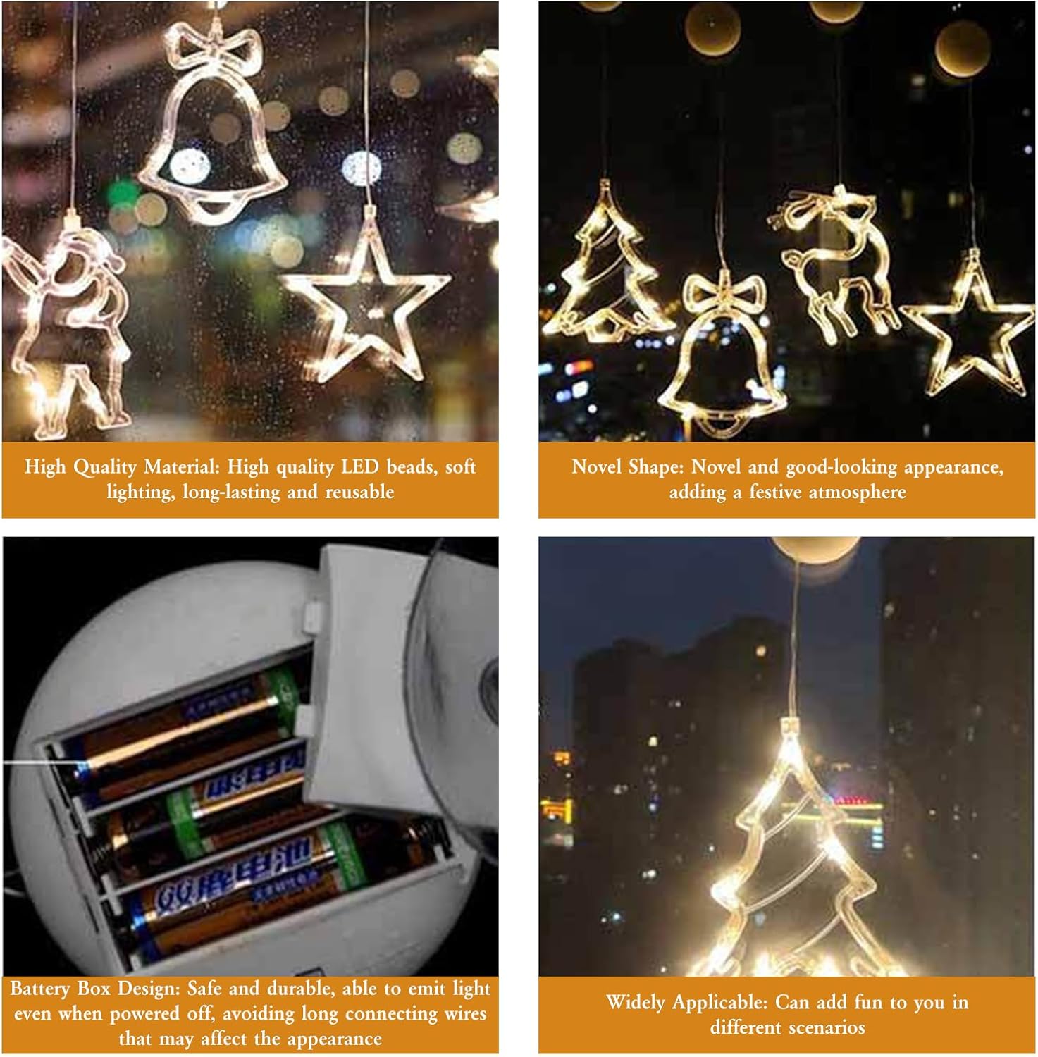 4Pcs Christmas Window Lights Battery Powered,Christmas Window Decorations Tree & Jingle Bell &Elk& Snow Man Shaped with Suction Cup,Christmas Curtain String Lights for Indoor Decor
