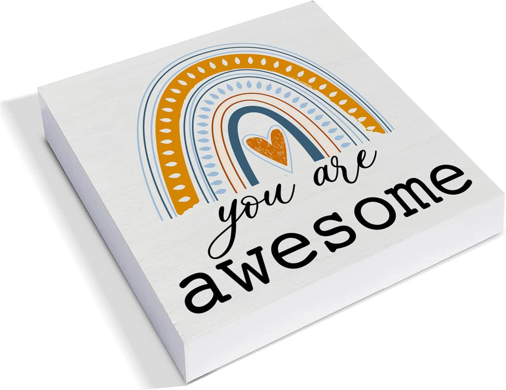 ou Are Awesome Rainbow Pattern Wooden Sign Desk Decor, Inspirational Wood Block Sign Decor for Home, Women's Bedroom, Office Desk, Shelf, Table Decoration