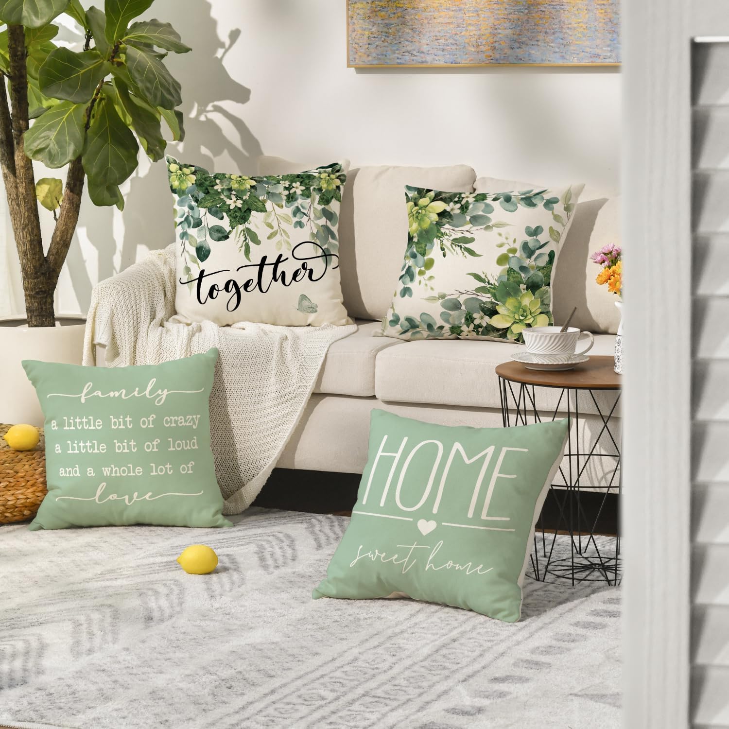 Artoid Mode Eucalyptus Leaves Summer Cushion Covers Set of 4, 45x45 cm Spring Home Sweet Home Decorative Pillow Case Cover Sofa Living Room Decor