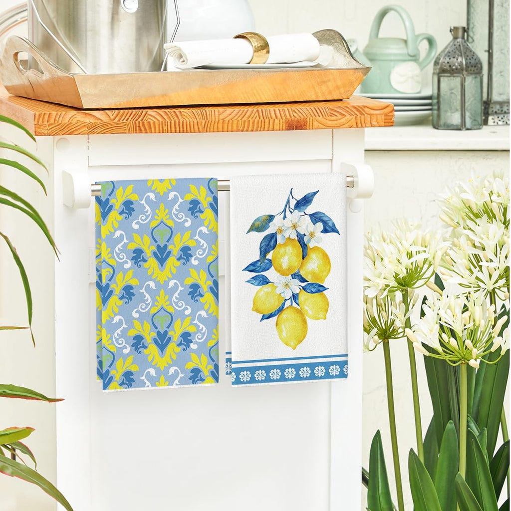 Set of 4 - Artoid Mode Lemon Flowers Floral Summer Kitchen Towels Dish Towels, 42x65 cm Seasonal Spring Decoration Hand Towels