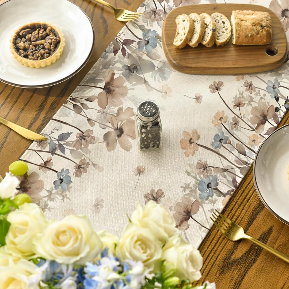 Artoid Mode Brown Poppy Flowers Floral Blossom Autumn Table Runner, Seasonal Fall Kitchen Dining Table Decoration for Home Party Decor 40x140 cm