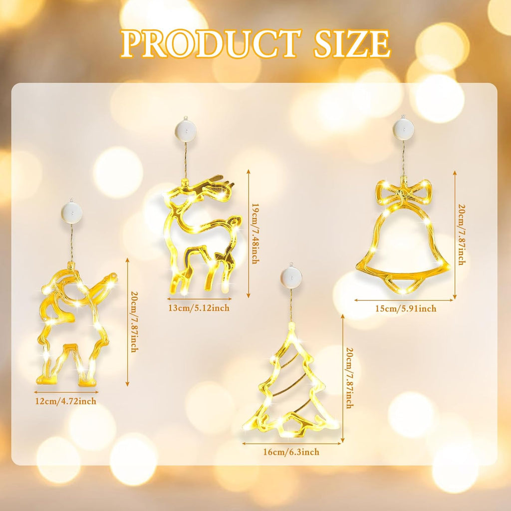 4Pcs Christmas Window Lights Battery Powered,Christmas Window Decorations Tree & Jingle Bell &Elk& Snow Man Shaped with Suction Cup,Christmas Curtain String Lights for Indoor Decor