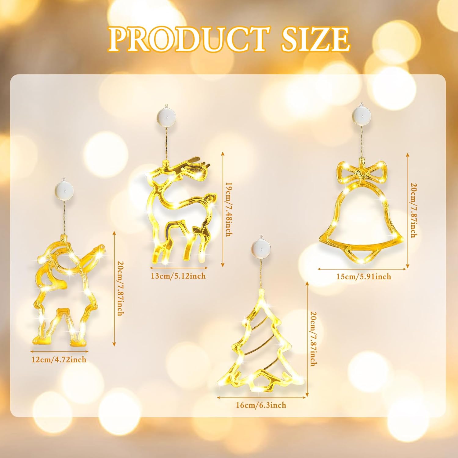 4Pcs Christmas Window Lights Battery Powered,Christmas Window Decorations Tree & Jingle Bell &Elk& Snow Man Shaped with Suction Cup,Christmas Curtain String Lights for Indoor Decor