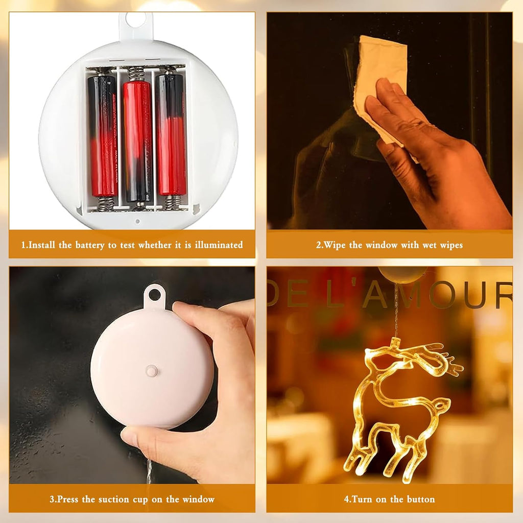 4Pcs Christmas Window Lights Battery Powered,Christmas Window Decorations Tree & Jingle Bell &Elk& Snow Man Shaped with Suction Cup,Christmas Curtain String Lights for Indoor Decor