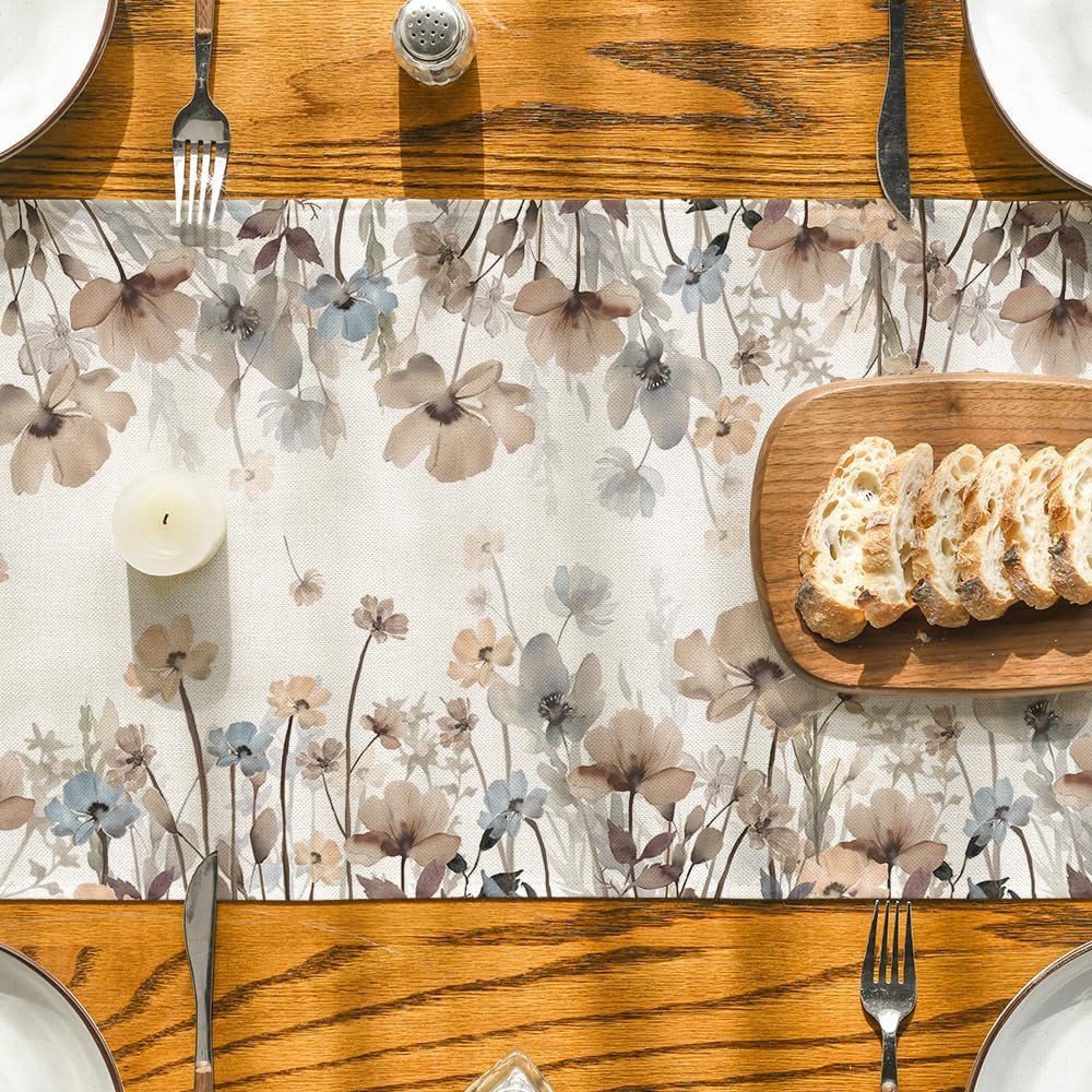 Artoid Mode Brown Poppy Flowers Floral Blossom Autumn Table Runner, Seasonal Fall Kitchen Dining Table Decoration for Home Party Decor 40x140 cm