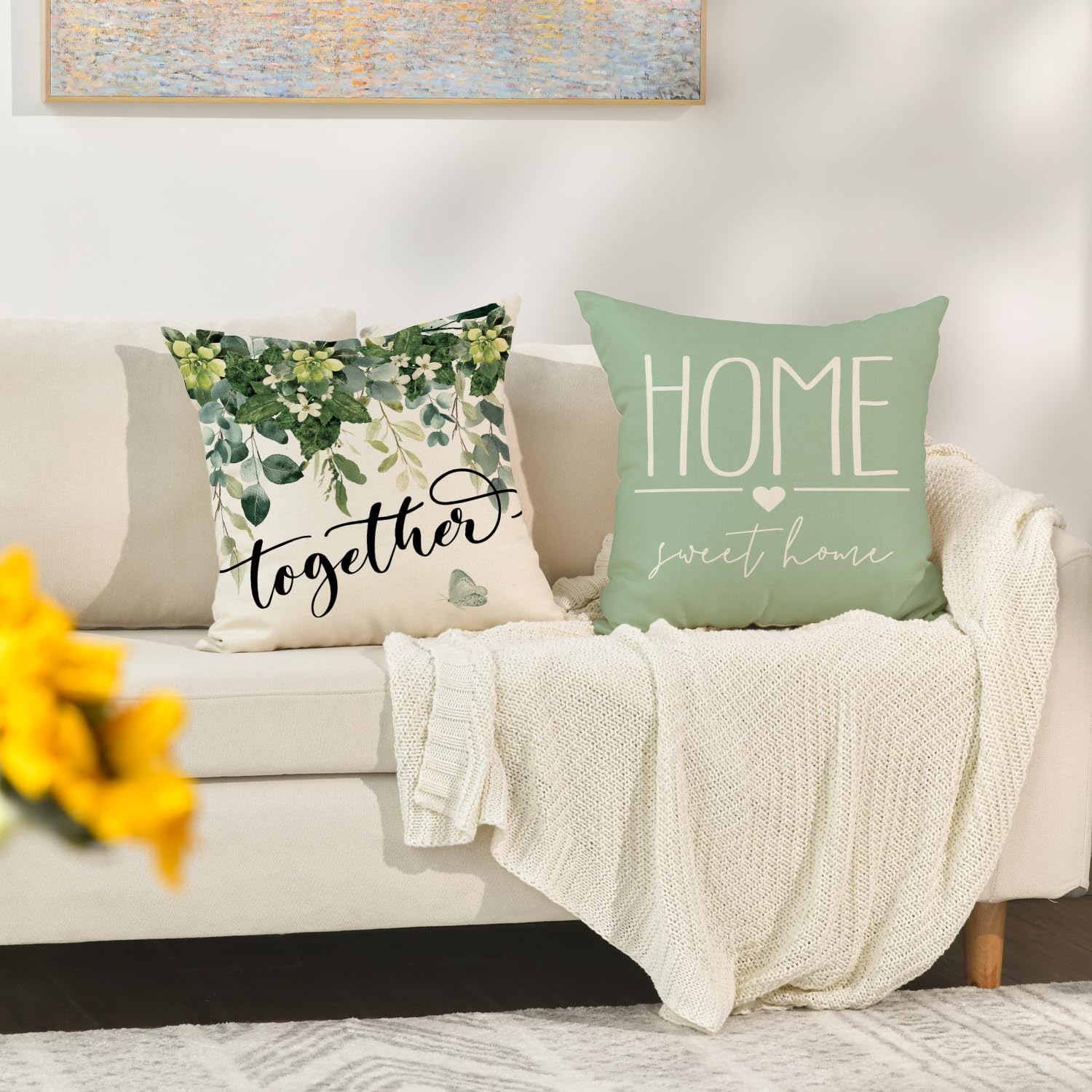 Artoid Mode Eucalyptus Leaves Summer Cushion Covers Set of 4, 45x45 cm Spring Home Sweet Home Decorative Pillow Case Cover Sofa Living Room Decor