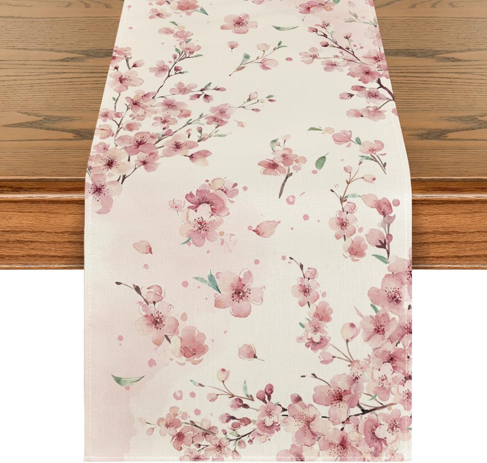 Artoid Mode Sakura Leaves Spring Table Runner, Seasonal Summer Kitchen Dining Table Decoration for Home Party Decor 40x180 cm