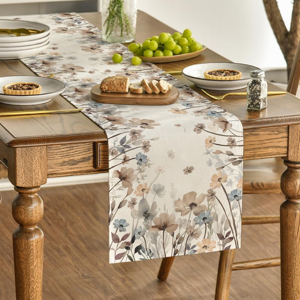 Artoid Mode Brown Poppy Flowers Floral Blossom Autumn Table Runner, Seasonal Fall Kitchen Dining Table Decoration for Home Party Decor 40x140 cm