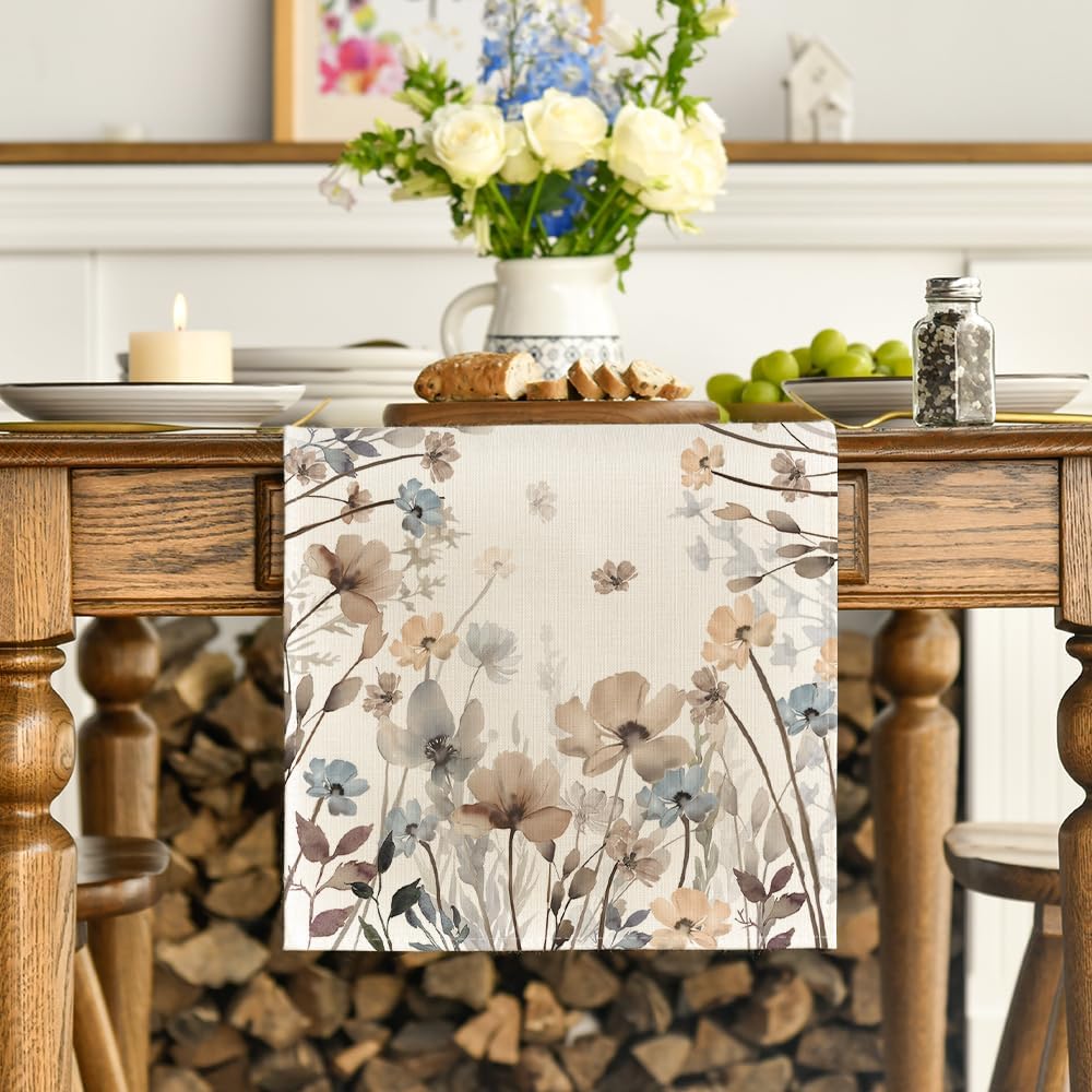 Artoid Mode Brown Poppy Flowers Floral Blossom Autumn Table Runner, Seasonal Fall Kitchen Dining Table Decoration for Home Party Decor 40x140 cm