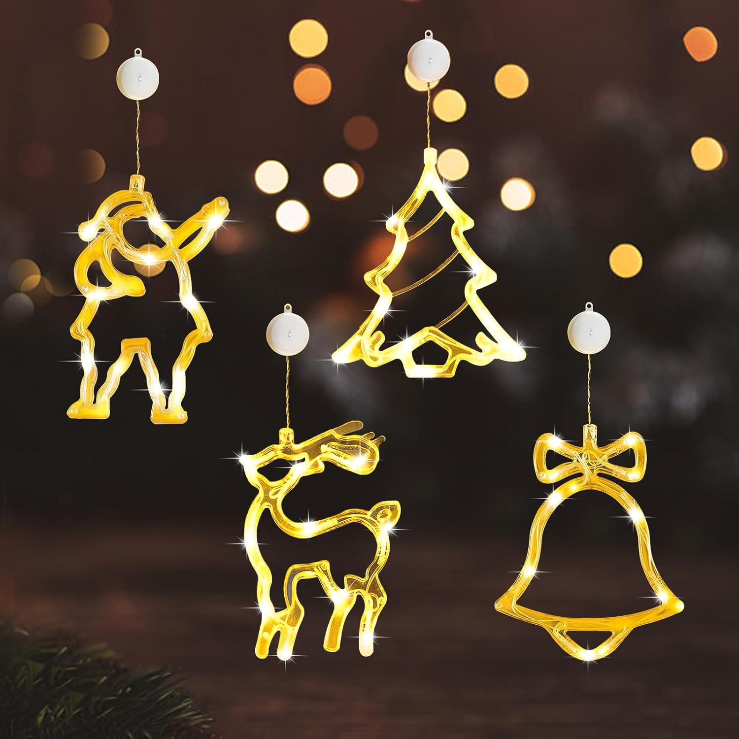 4Pcs Christmas Window Lights Battery Powered,Christmas Window Decorations Tree & Jingle Bell &Elk& Snow Man Shaped with Suction Cup,Christmas Curtain String Lights for Indoor Decor