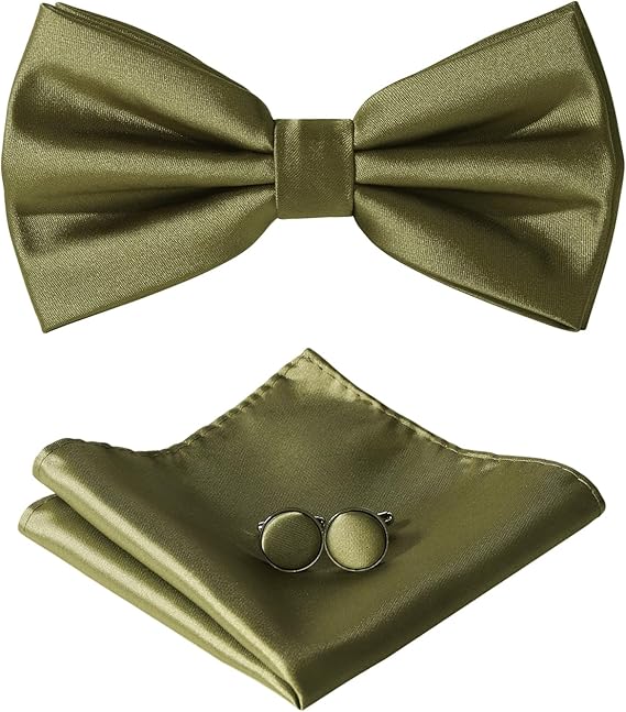 HOULIFE Bow Tie Set for Men – Bow Tie, Pocket Square, Cufflinks Set with Gift Box - Olive Green