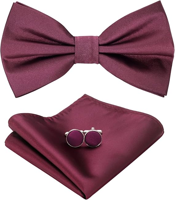 Bow Tie Set for Men – Bow Tie, Pocket Square, Cufflinks Set with Gift Box - Burgundy