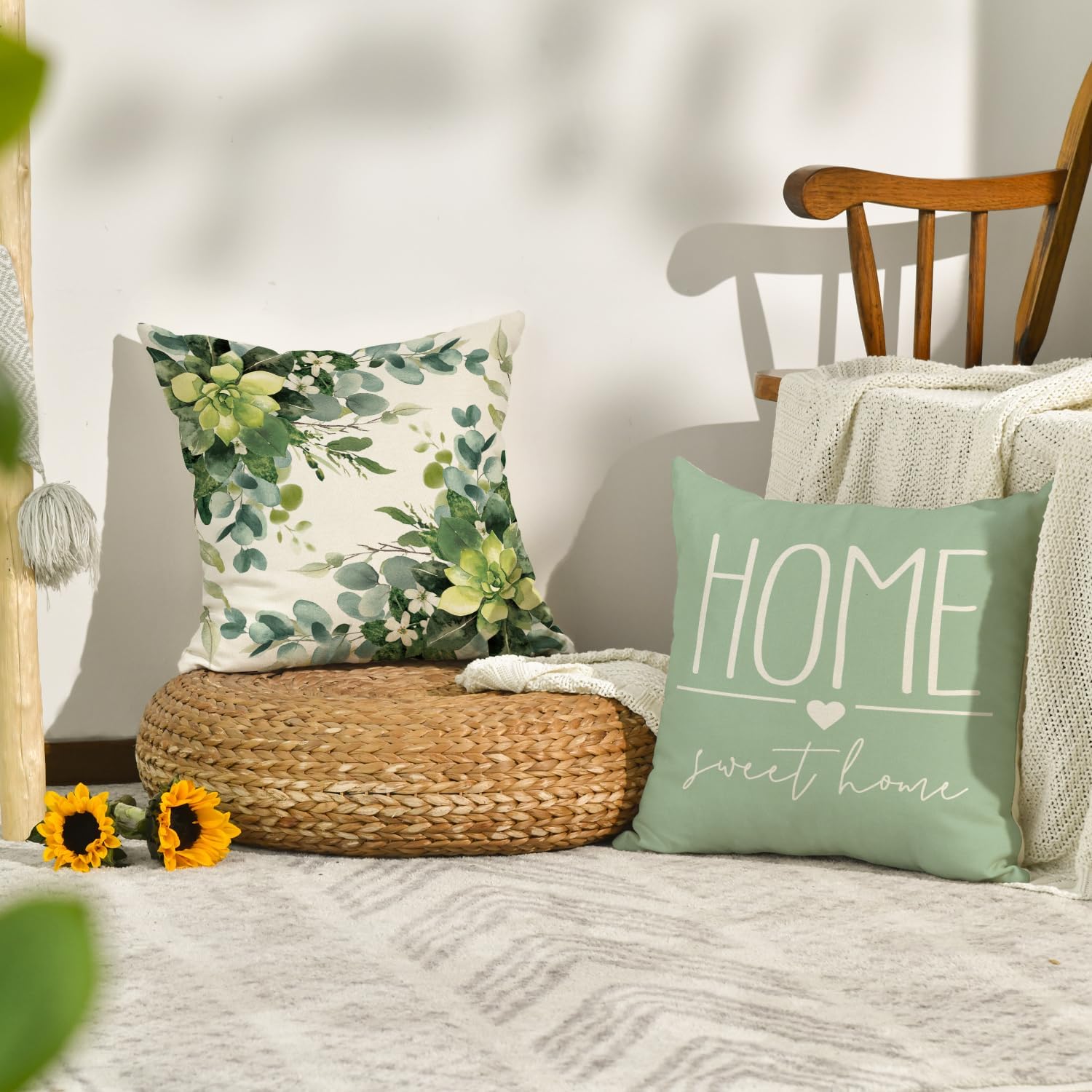 Artoid Mode Eucalyptus Leaves Summer Cushion Covers Set of 4, 45x45 cm Spring Home Sweet Home Decorative Pillow Case Cover Sofa Living Room Decor