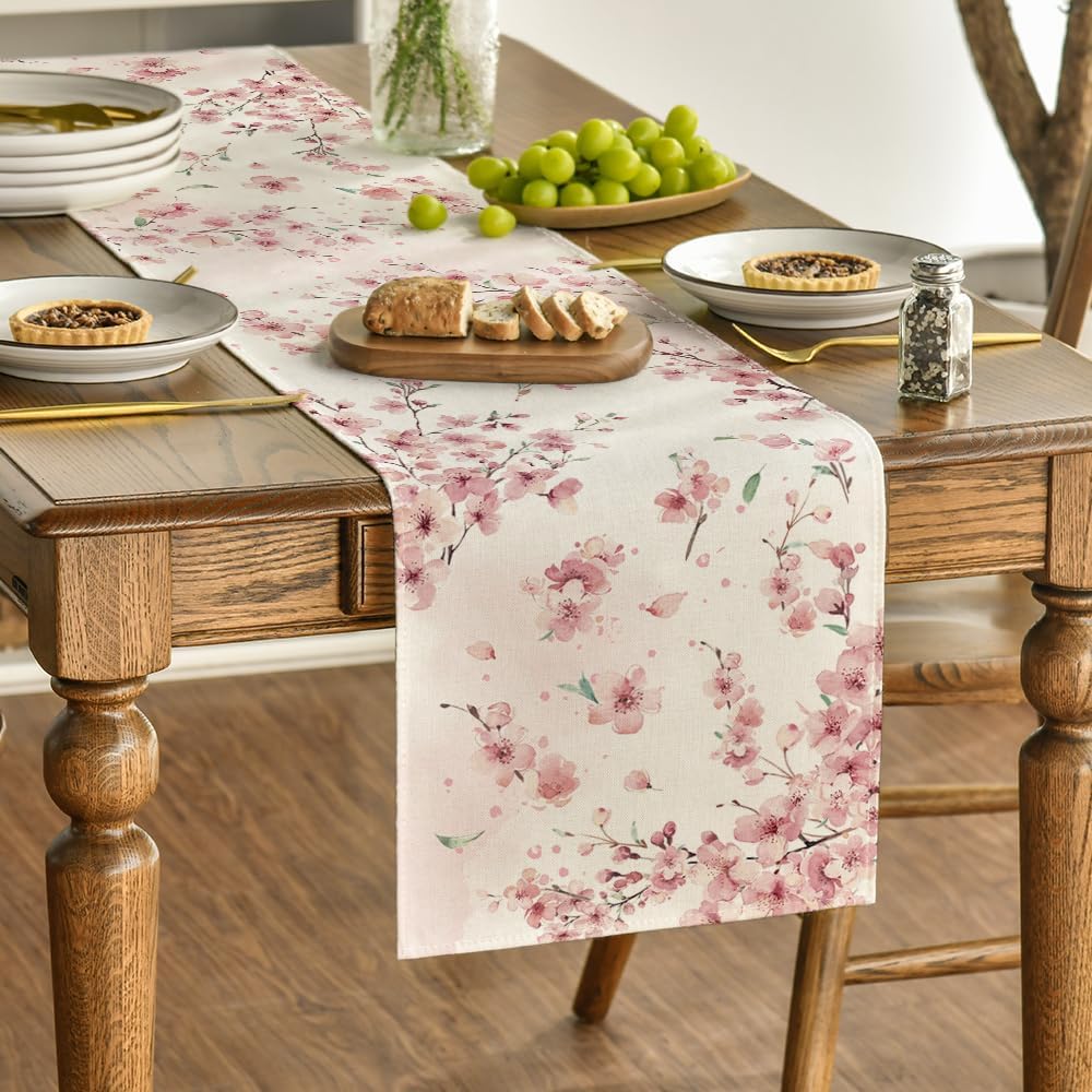 Artoid Mode Sakura Leaves Spring Table Runner, Seasonal Summer Kitchen Dining Table Decoration for Home Party Decor 40x180 cm