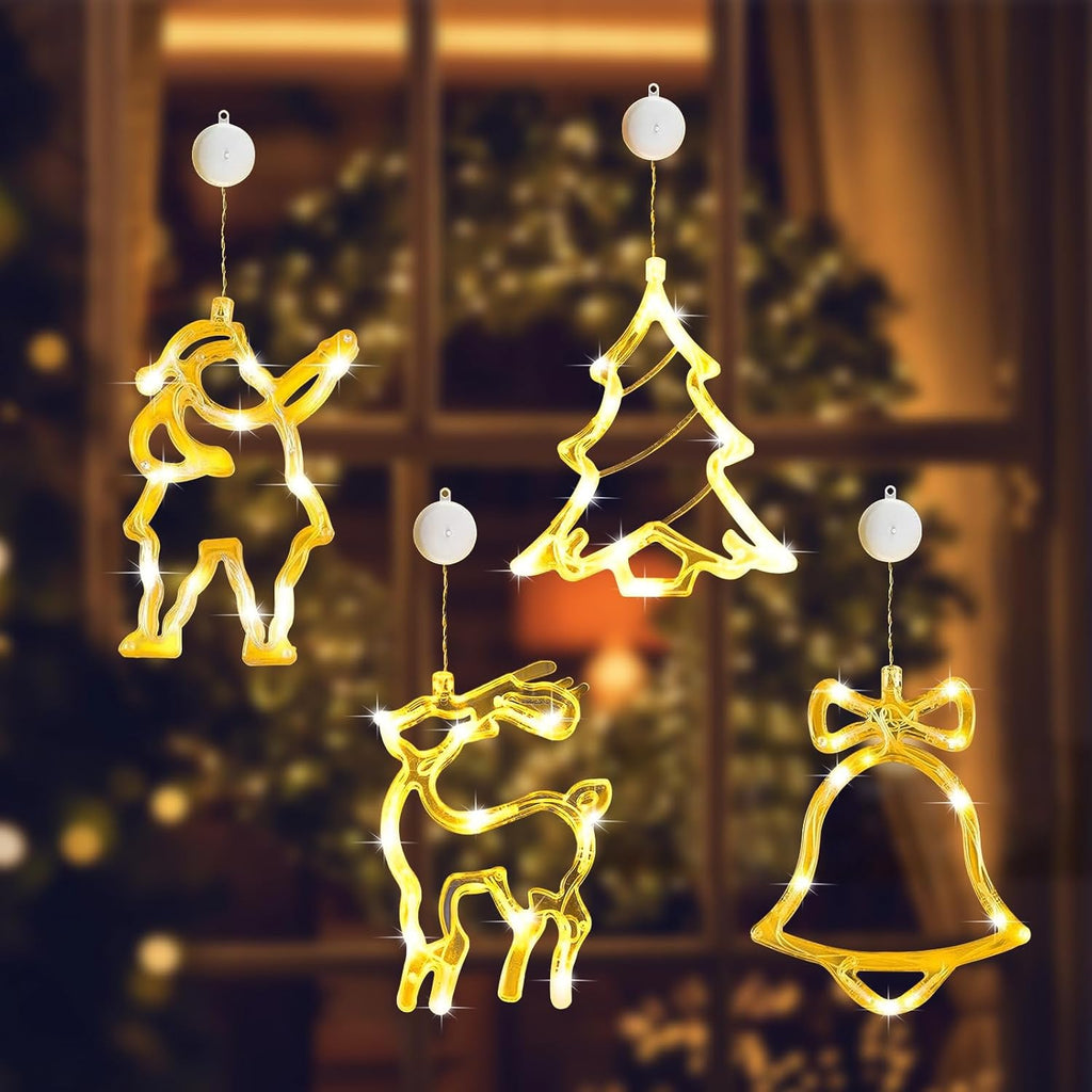 4Pcs Christmas Window Lights Battery Powered,Christmas Window Decorations Tree & Jingle Bell &Elk& Snow Man Shaped with Suction Cup,Christmas Curtain String Lights for Indoor Decor