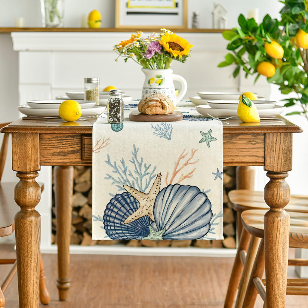 Artoid Mode Shells Starfish Coral Oceans Summer Table Runner, Seasonal Spring Kitchen Dining Table Decoration for Home Party Decor