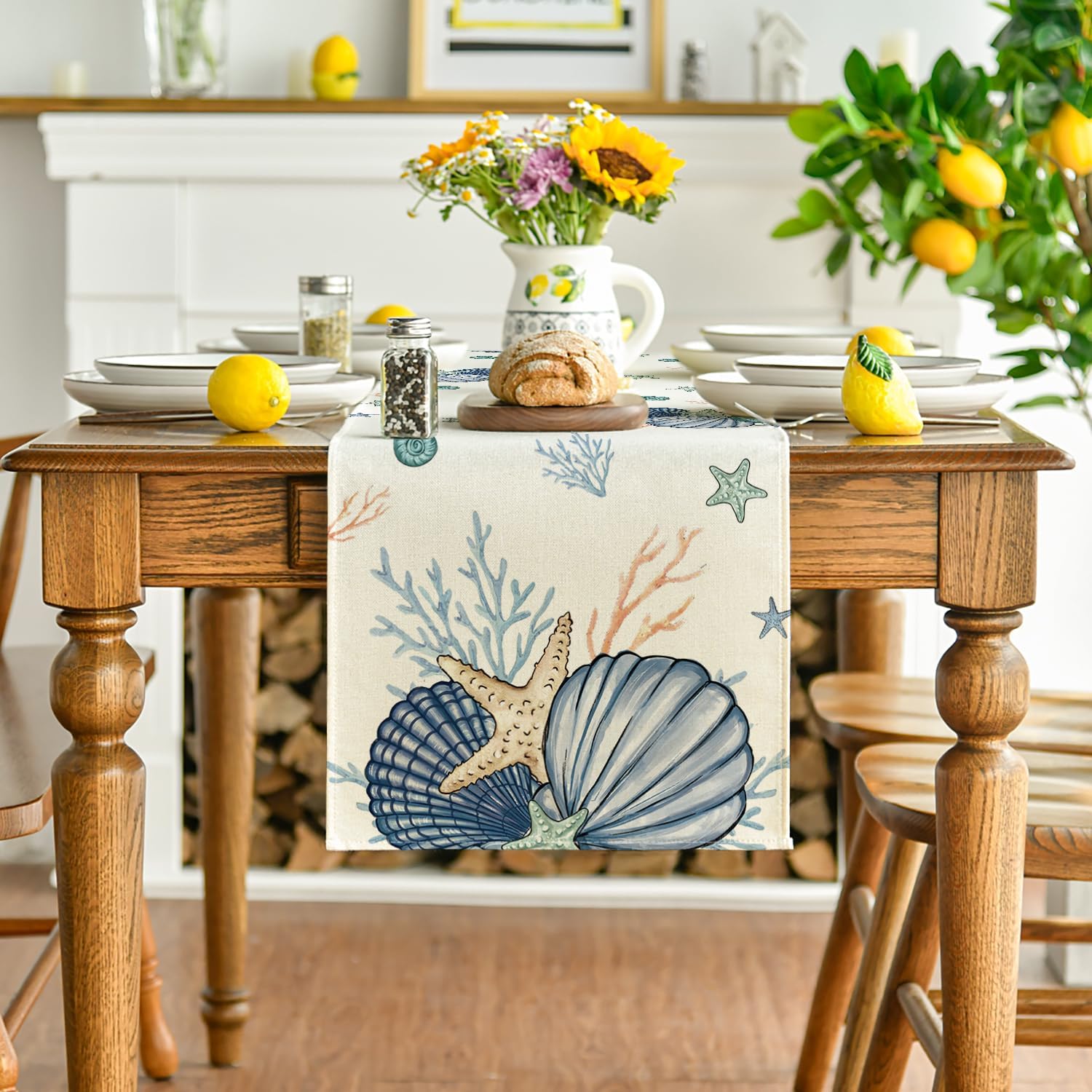 Artoid Mode Shells Starfish Coral Oceans Summer Table Runner, Seasonal Spring Kitchen Dining Table Decoration for Home Party Decor
