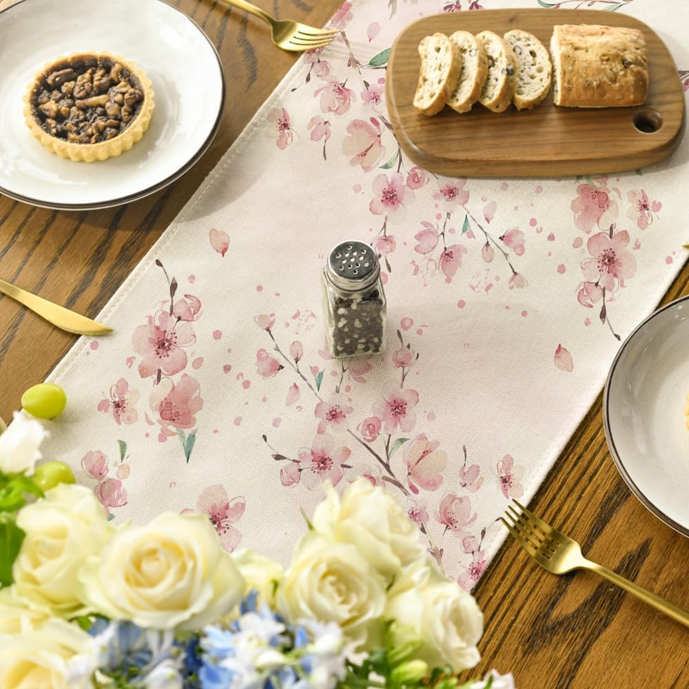 Artoid Mode Sakura Leaves Spring Table Runner, Seasonal Summer Kitchen Dining Table Decoration for Home Party Decor 40x180 cm