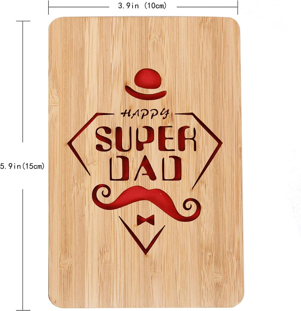 "Happy Super Dad" Bamboo Greeting Cards,Handmade Wooden Greeting Card for Dad from Daughter Son,Gift for Father's Day,Dad Birthday