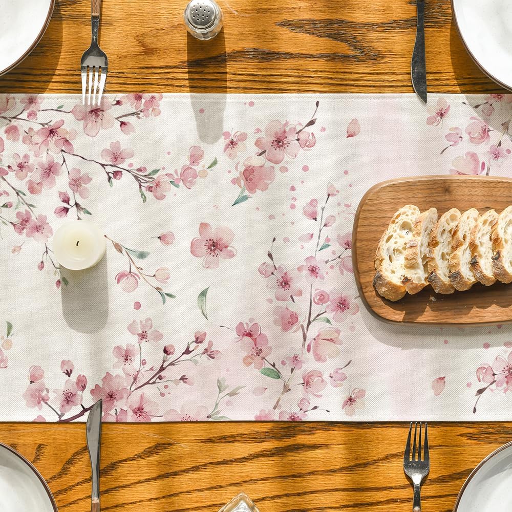 Artoid Mode Sakura Leaves Spring Table Runner, Seasonal Summer Kitchen Dining Table Decoration for Home Party Decor 40x180 cm