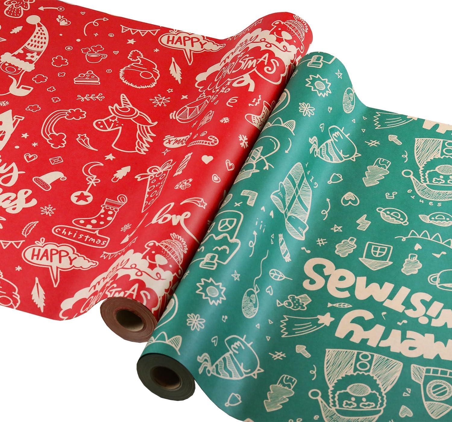 FullJoyHut 2 Rolls Christmas Wrapping Paper Roll, 2 Recyclable Xmas Kraft Wrapping Paper Rolls - 43cm x 15M Each, Plaid Snowflakes Mistletoe Wrap Paper with Tags Strings for Xmas Party Decoration