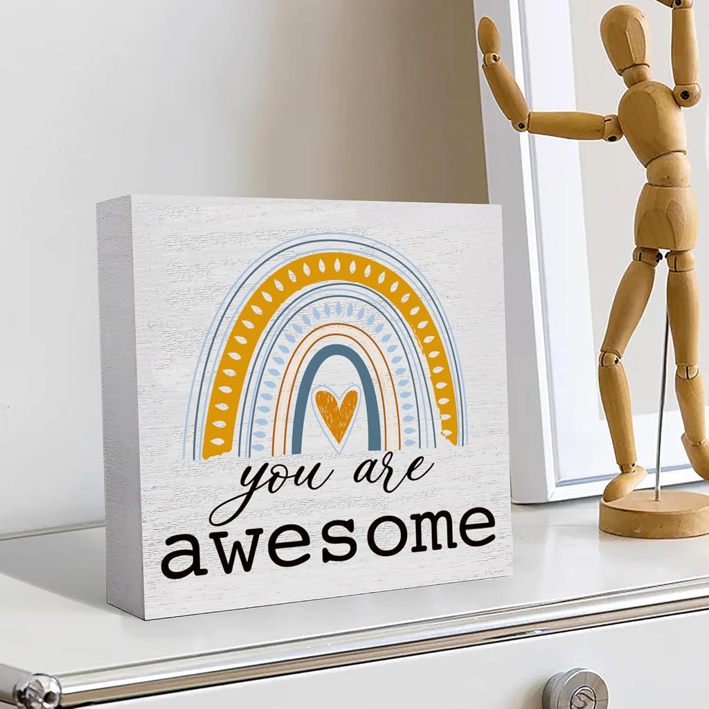 ou Are Awesome Rainbow Pattern Wooden Sign Desk Decor, Inspirational Wood Block Sign Decor for Home, Women's Bedroom, Office Desk, Shelf, Table Decoration