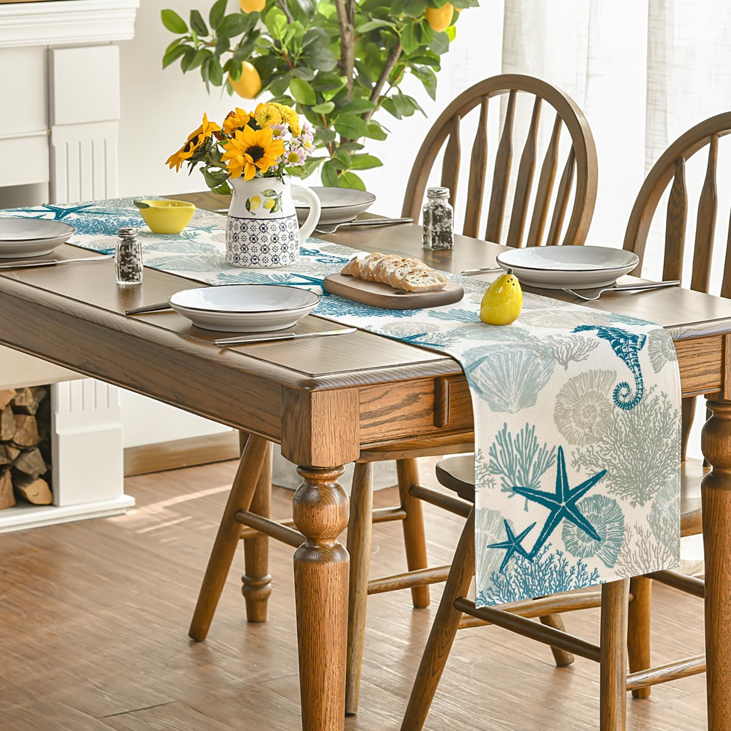 Artoid Mode Seahorses Shells Starfish Coral Oceans Summer Table Runner, Spring Kitchen Dining Table Decoration for Home Party Decor