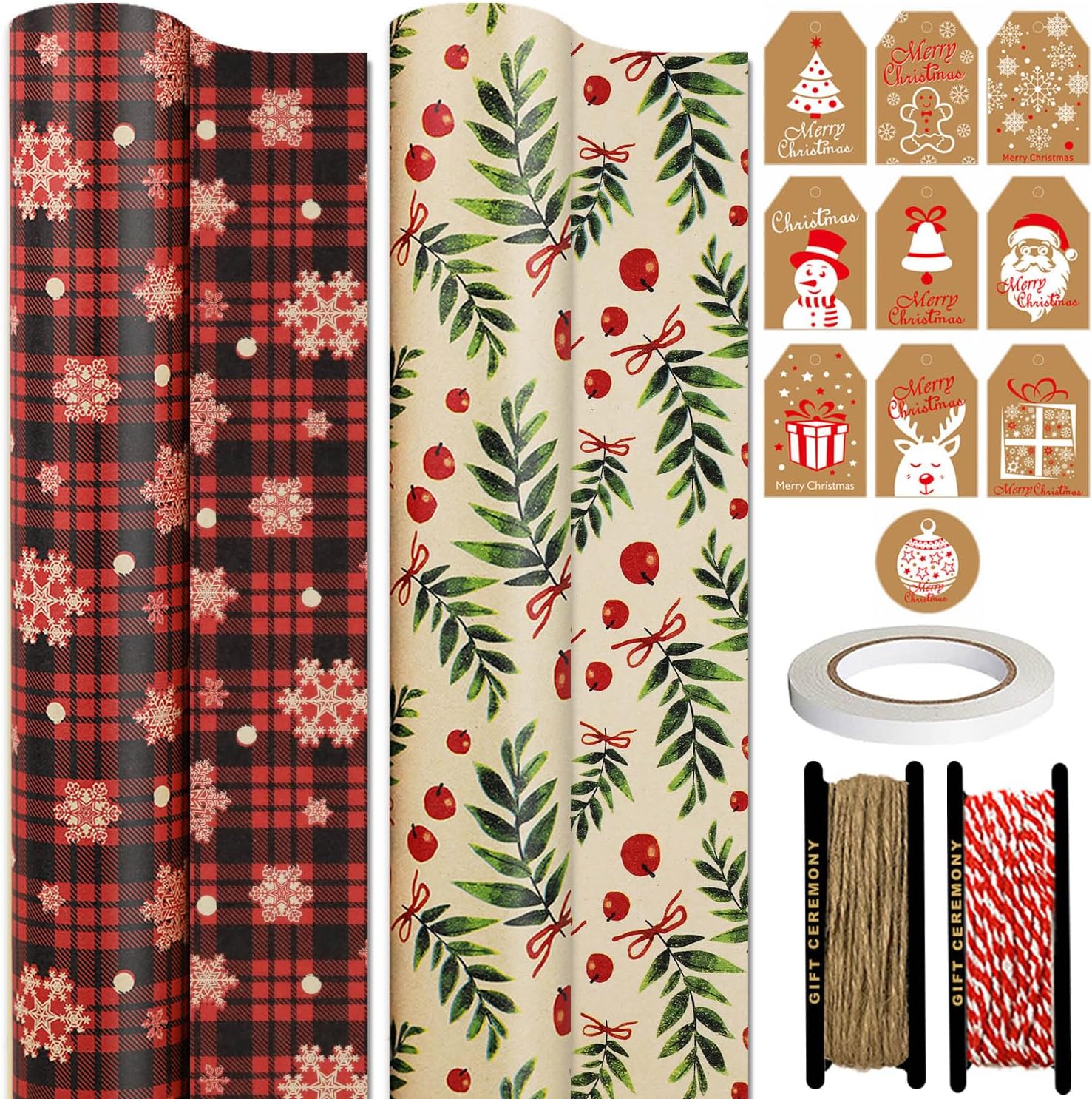 FullJoyHut 2 Rolls Christmas Wrapping Paper Roll, 2 Recyclable Xmas Kraft Wrapping Paper Rolls - 43cm x 15M Each, Plaid Snowflakes Mistletoe Wrap Paper with Tags Strings for Xmas Party Decoration