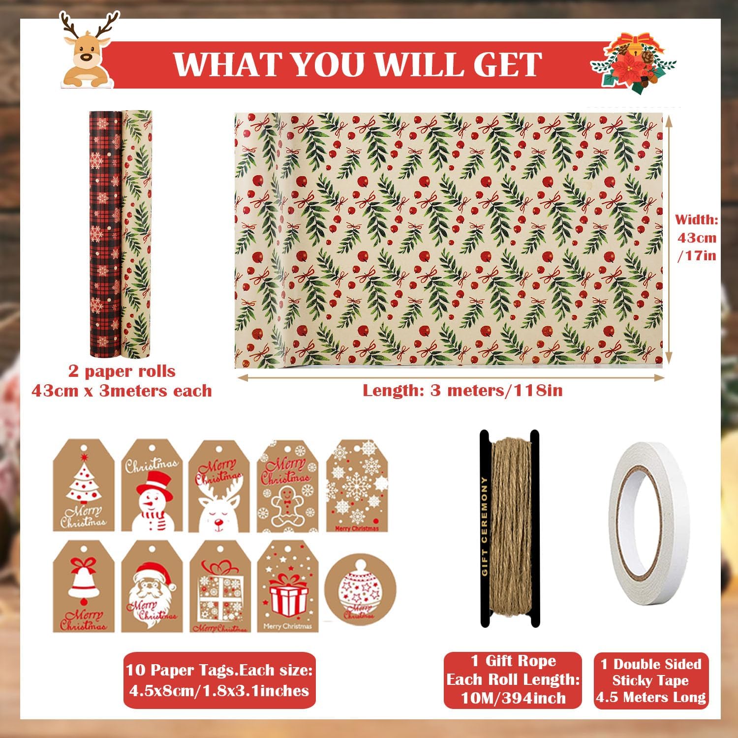 FullJoyHut 2 Rolls Christmas Wrapping Paper Roll, 2 Recyclable Xmas Kraft Wrapping Paper Rolls - 43cm x 15M Each, Plaid Snowflakes Mistletoe Wrap Paper with Tags Strings for Xmas Party Decoration