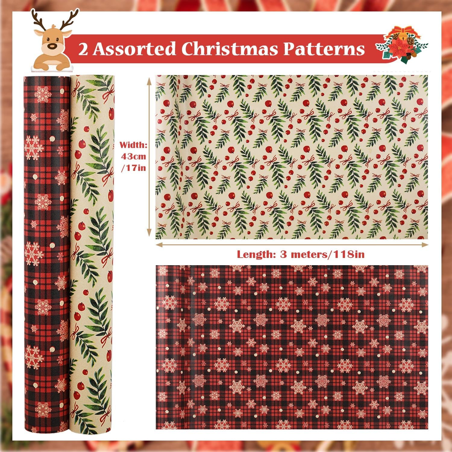 FullJoyHut 2 Rolls Christmas Wrapping Paper Roll, 2 Recyclable Xmas Kraft Wrapping Paper Rolls - 43cm x 15M Each, Plaid Snowflakes Mistletoe Wrap Paper with Tags Strings for Xmas Party Decoration
