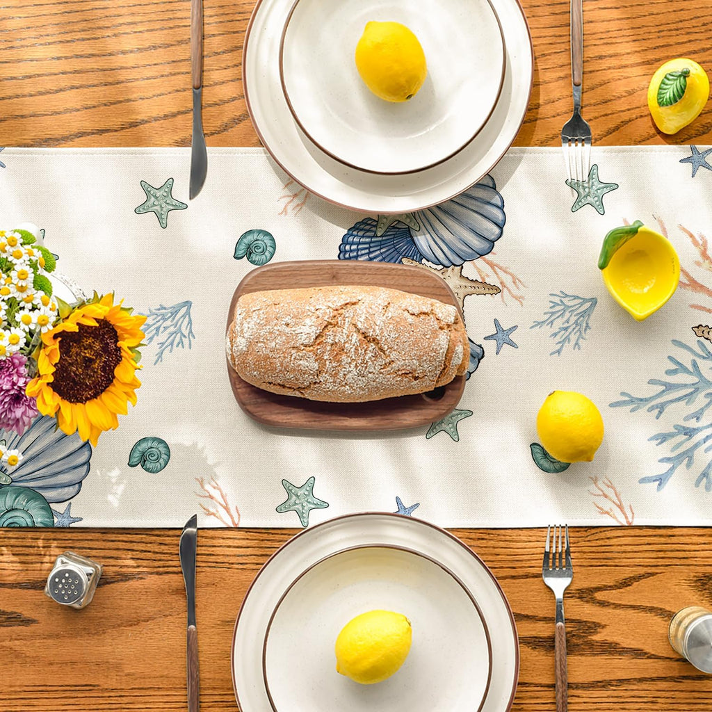 Artoid Mode Shells Starfish Coral Oceans Summer Table Runner, Seasonal Spring Kitchen Dining Table Decoration for Home Party Decor