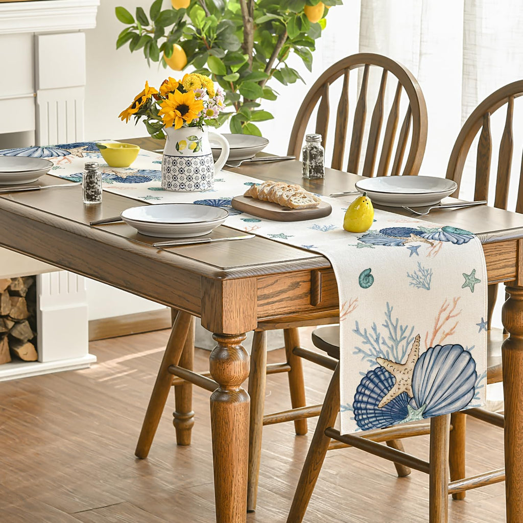 Artoid Mode Shells Starfish Coral Oceans Summer Table Runner, Seasonal Spring Kitchen Dining Table Decoration for Home Party Decor