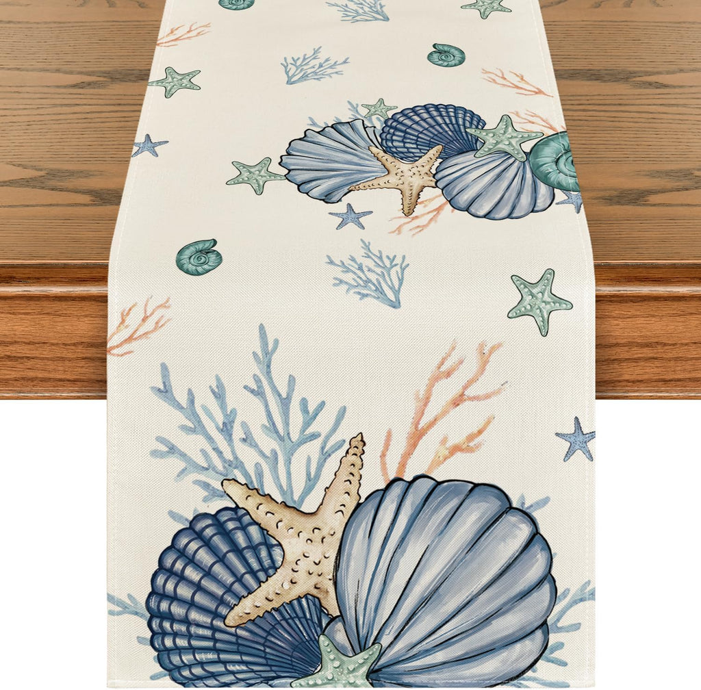 Artoid Mode Shells Starfish Coral Oceans Summer Table Runner, Seasonal Spring Kitchen Dining Table Decoration for Home Party Decor