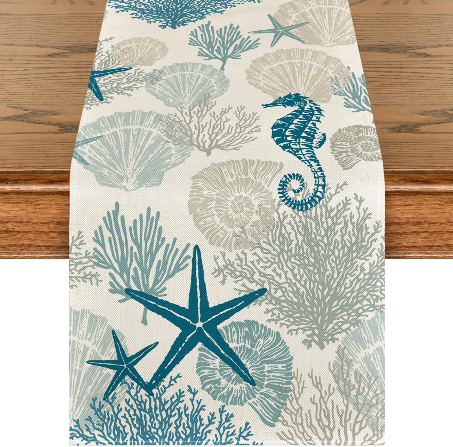 Artoid Mode Seahorses Shells Starfish Coral Oceans Summer Table Runner, Spring Kitchen Dining Table Decoration for Home Party Decor