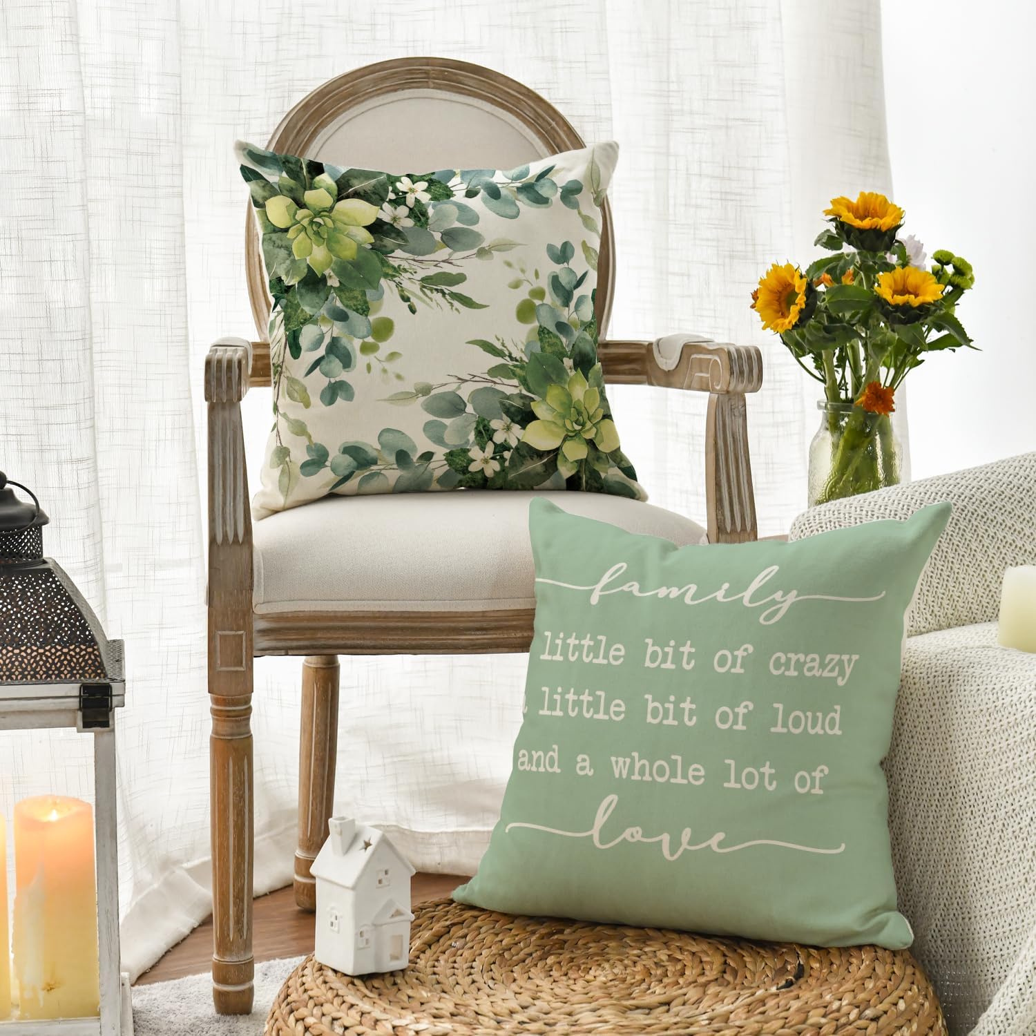 Artoid Mode Eucalyptus Leaves Summer Cushion Covers Set of 4, 45x45 cm Spring Home Sweet Home Decorative Pillow Case Cover Sofa Living Room Decor