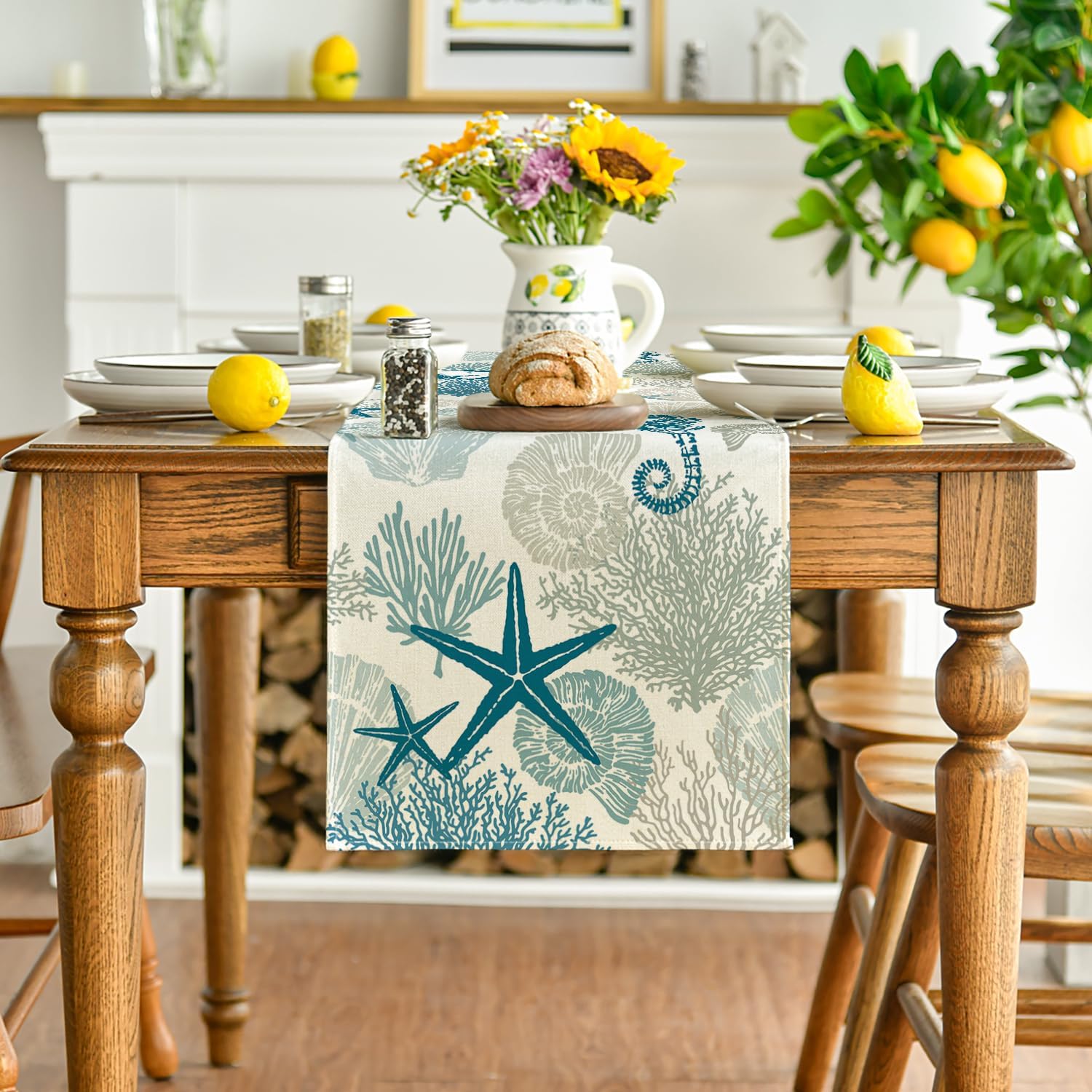 Artoid Mode Seahorses Shells Starfish Coral Oceans Summer Table Runner, Spring Kitchen Dining Table Decoration for Home Party Decor