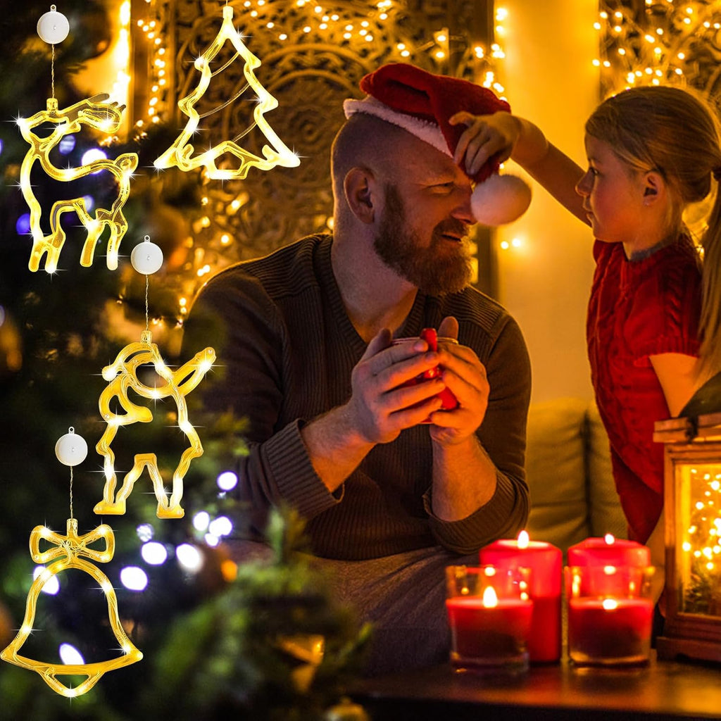 4Pcs Christmas Window Lights Battery Powered,Christmas Window Decorations Tree & Jingle Bell &Elk& Snow Man Shaped with Suction Cup,Christmas Curtain String Lights for Indoor Decor