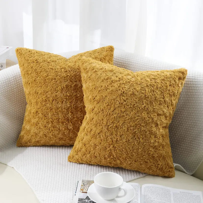 Set of 2 Faux Fur Plush Fluffy Cushion Covers - Mustard -50cm x 50cm