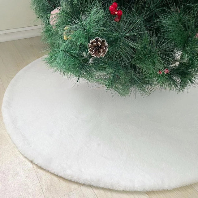 White Plush Faux Fur Christmas Tree Skirt - Xmas Tree Mat for Party, Winter Holiday, New Year Decor