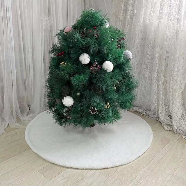 White Plush Faux Fur Christmas Tree Skirt - Xmas Tree Mat for Party, Winter Holiday, New Year Decor