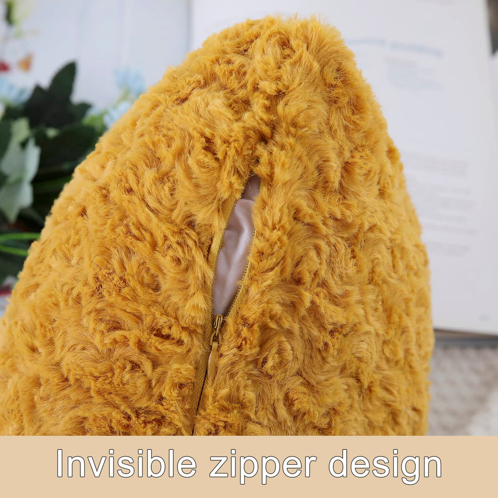 Set of 2 Faux Fur Plush Fluffy Cushion Covers - Mustard -50cm x 50cm