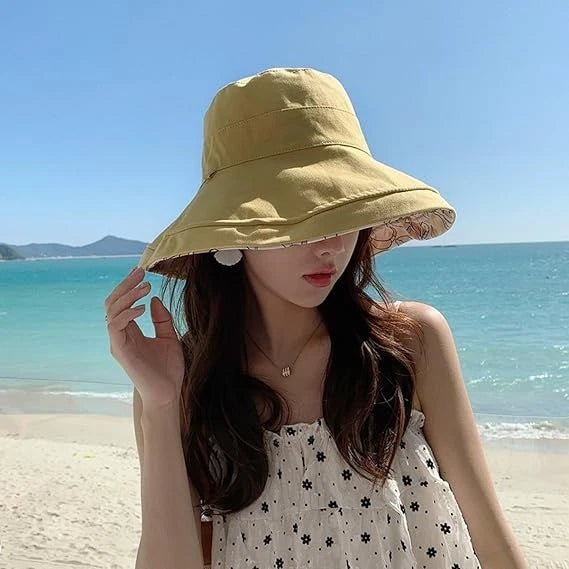 Reversible Yellow Bucket Hat Women UV Sun Protection Wide Brim- Summer Beach Travel