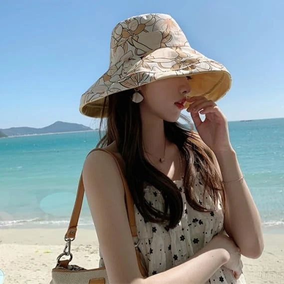 Reversible Yellow Bucket Hat Women UV Sun Protection Wide Brim- Summer Beach Travel